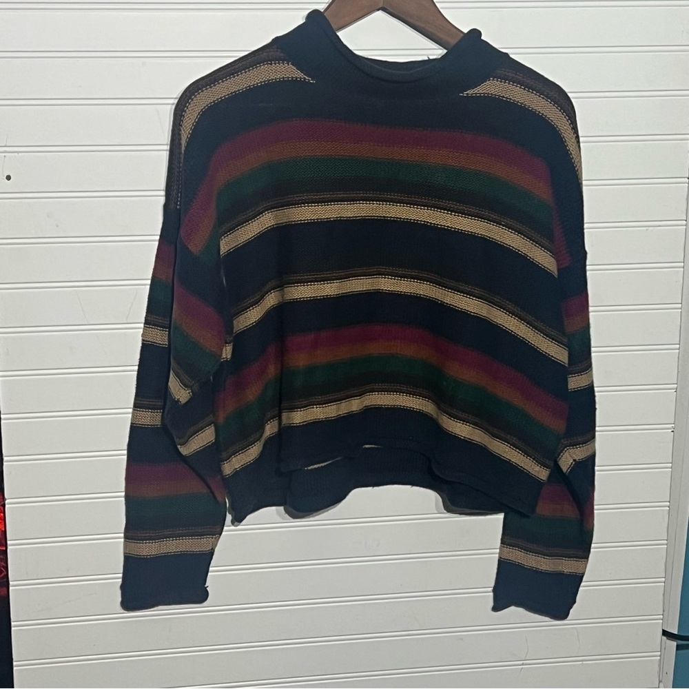 Jamie Scott Y2K Cropped Striped Navy/Multicolor Sweater Cotton Blend Size Large
